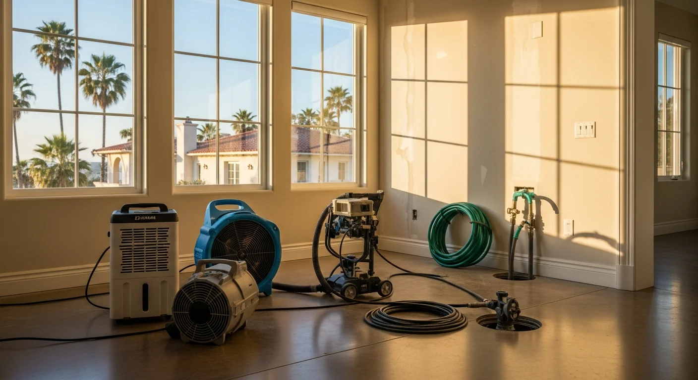 Water damage restoration specialist using detection equipment on residential property