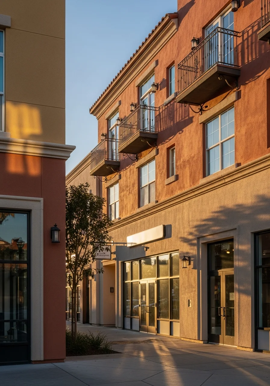 Chula Vista commercial corridor with mixed-use buildings and street-level retail spaces.