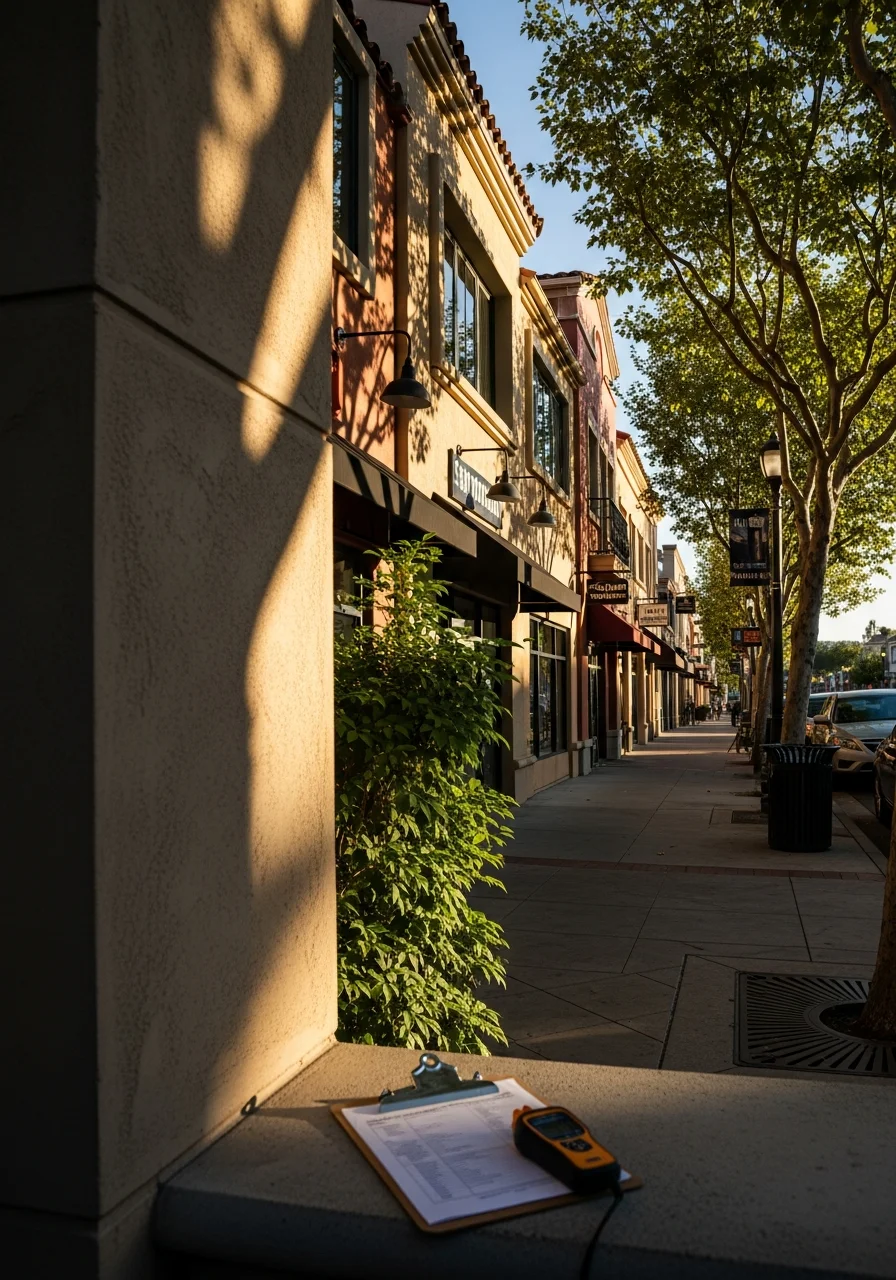 Escondido downtown district with mixed-use buildings and community gathering spaces.