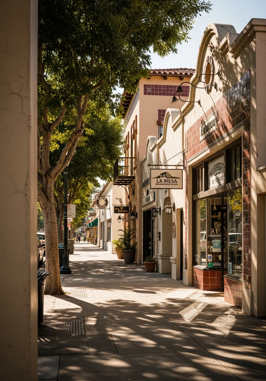 La Mesa downtown area with local businesses and community gathering spaces.