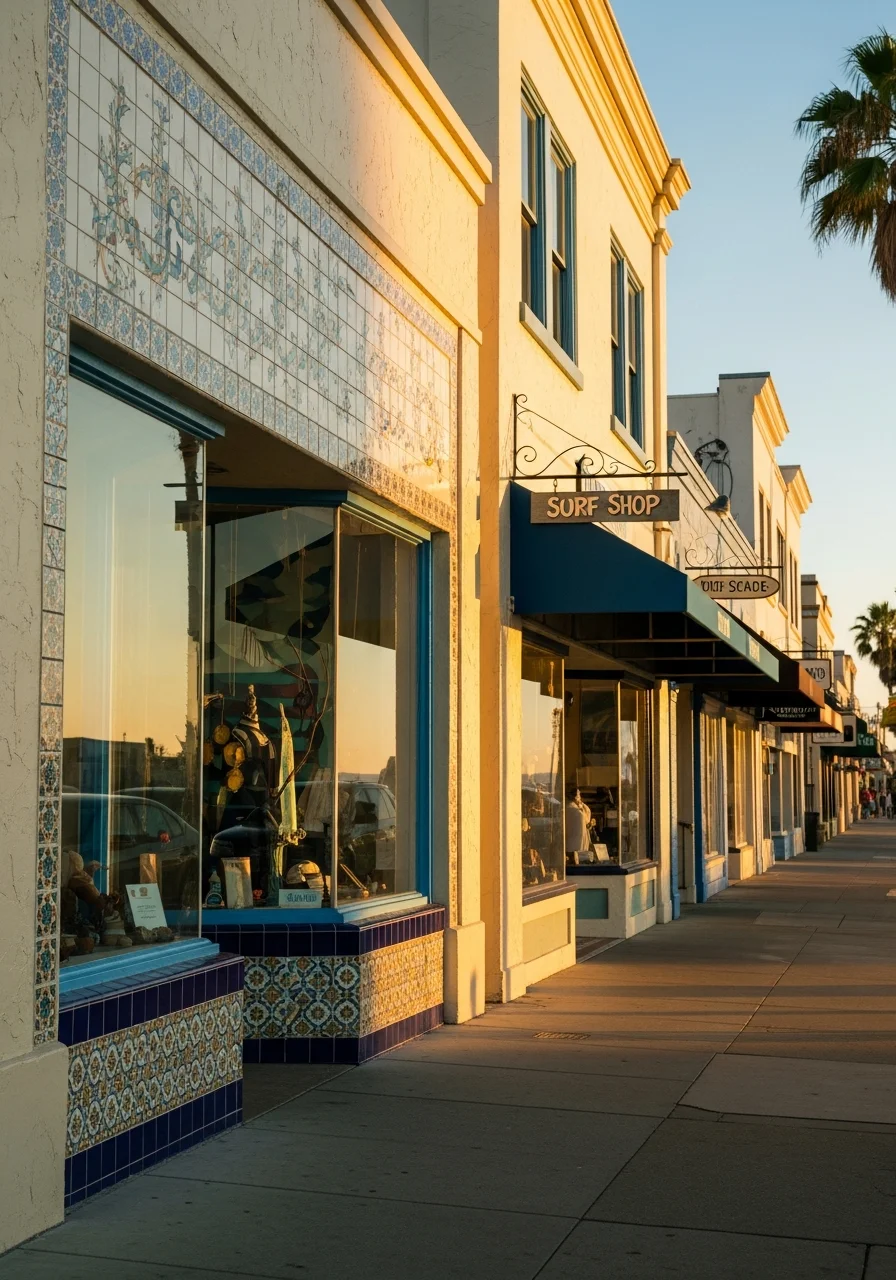 Oceanside downtown area with mixed-use buildings and street-level storefronts along the coast.