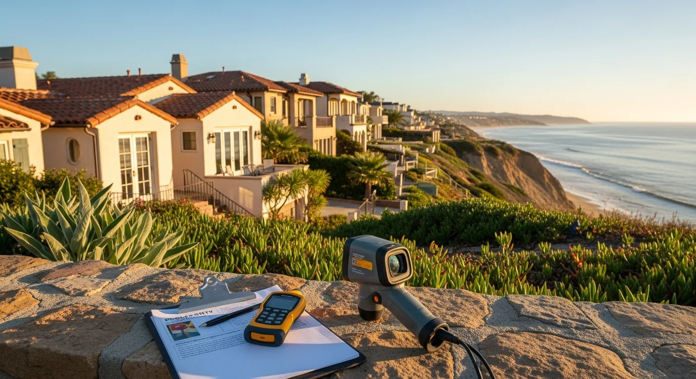 Oceanside beachfront neighborhood with residential homes and coastal bluffs overlooking the Pacific Ocean.