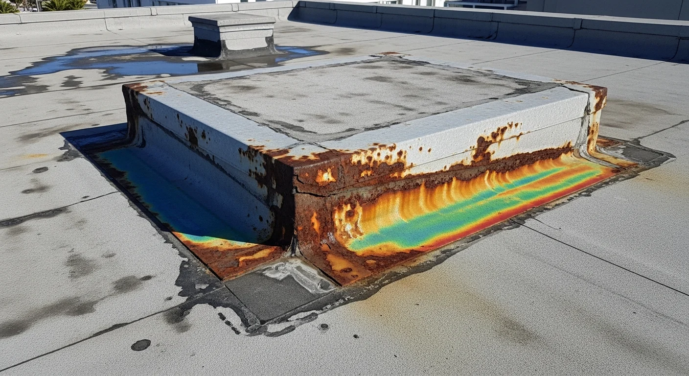 A commercial inspector examining the rooftop mechanical units and building envelope of a single-story retail property in Oceanside, California. The inspector reviews equipment condition and exterior surfaces with the Pacific coastline visible in the background.
