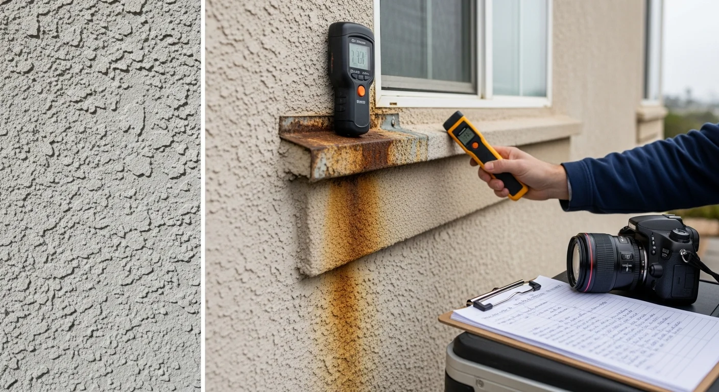 A home inspector from BuildingSpecsPros LLC examining exterior wall cladding and window flashing on a coastal residential property in Oceanside, CA. Close-up view shows moisture staining and corroded metal fasteners consistent with salt-air exposure.