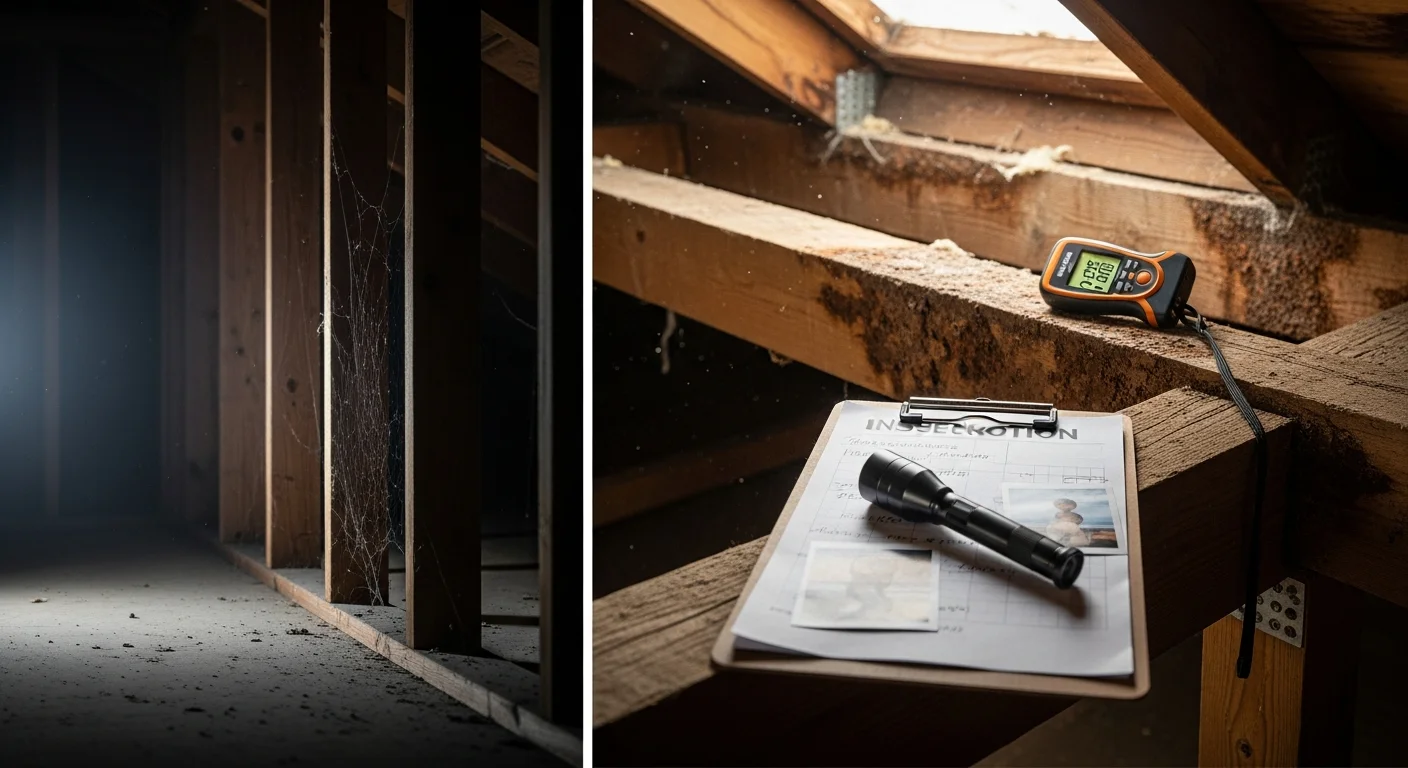 A BuildingSpecsPros LLC home inspector examining the roof and eave line of a single-family home in Oceanside, CA, with a clipboard and inspection tools in hand. The coastal residential streetscape is visible in the background.