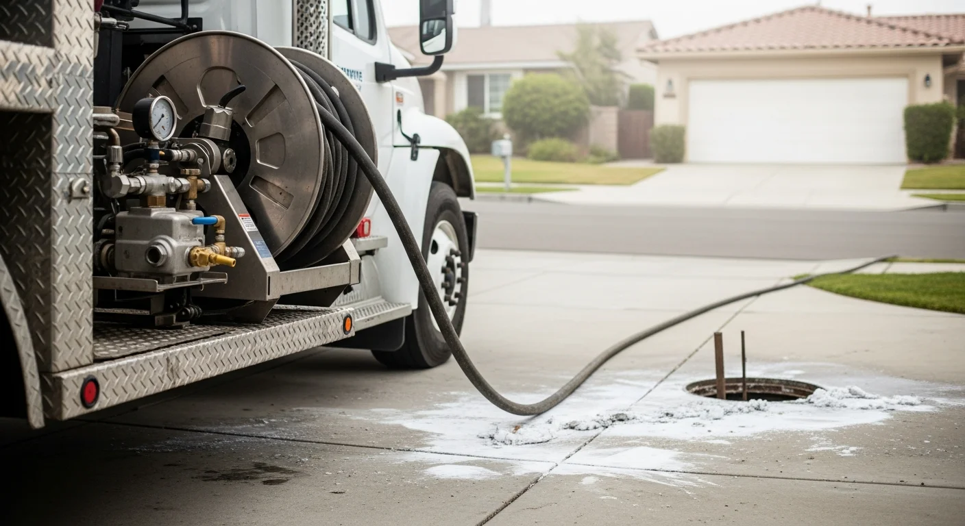 A technician feeds a hydro jetting hose into a residential cleanout access point at an Oceanside, CA property. The surrounding drain area shows cleared debris and standing water draining freely after the high-pressure pipe cleaning service.