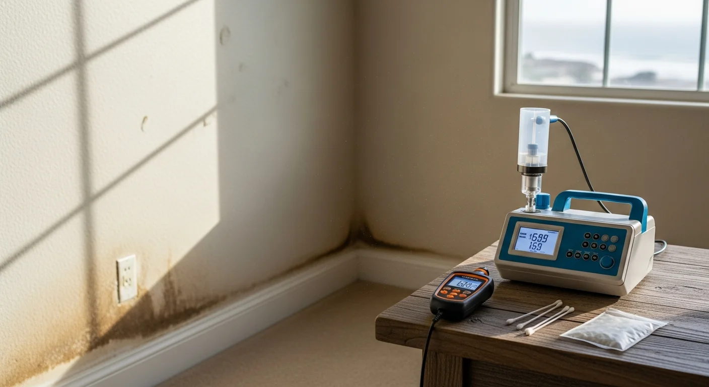 A BuildingSpecsPros LLC inspector collecting an air sample inside an Oceanside, CA home with visible coastal light through the windows. Sampling equipment is positioned near a crawl space access point to capture airborne contaminants common in coastal properties.