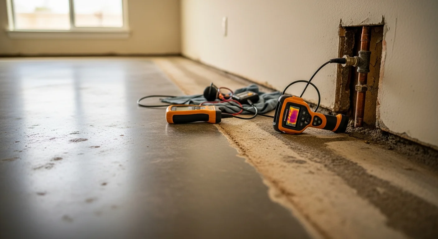 A BuildingSpecsPros LLC technician using a moisture meter to locate a hidden slab leak in an Oceanside, CA home. The image shows the technician scanning a concrete floor near a water-stained baseboard inside a residential property.