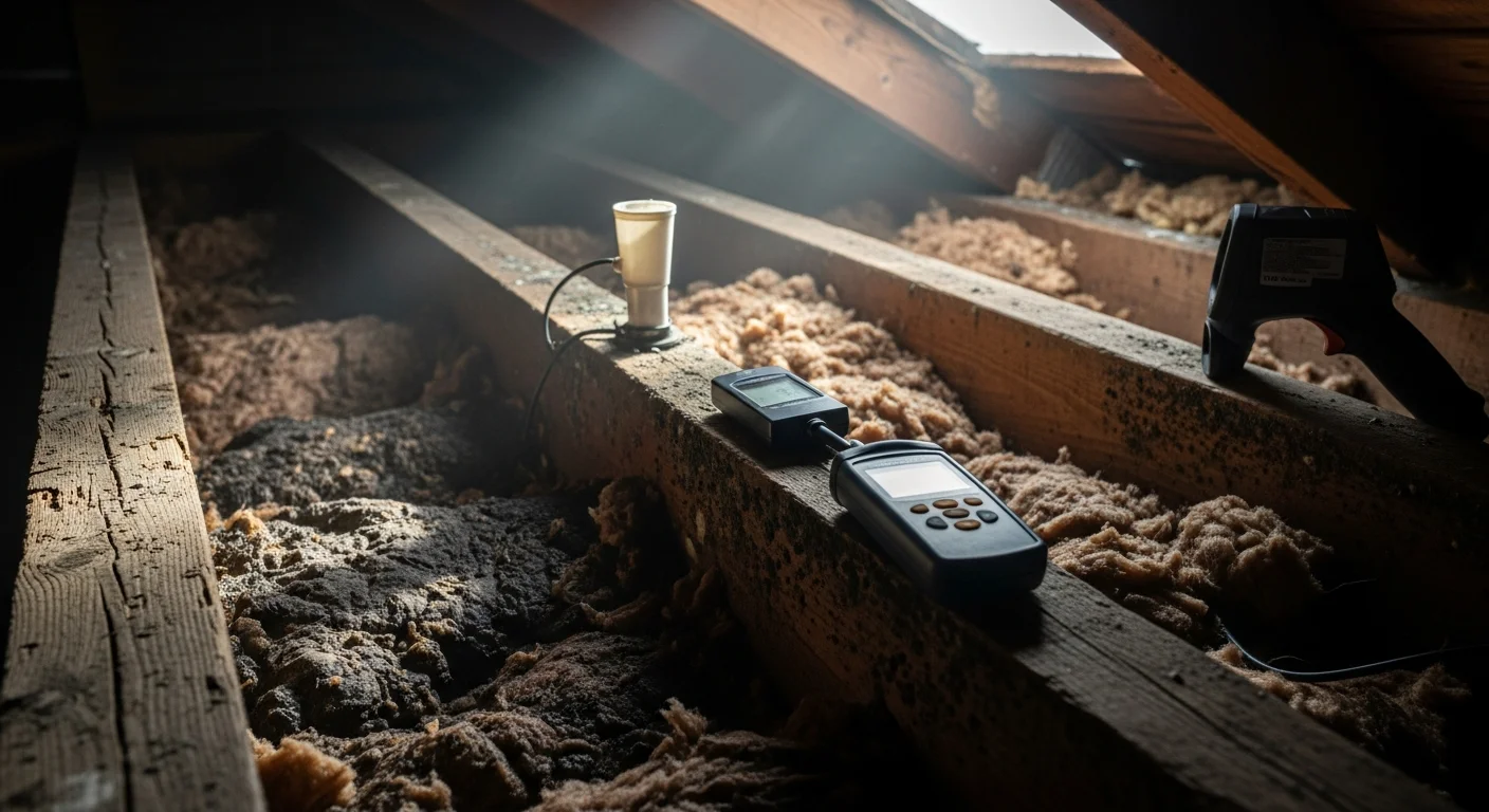 A BuildingSpecsPros LLC inspector examining a crawl space beneath an Oceanside, CA home for signs of moisture intrusion and mold growth. Visible moisture on framing and insulation in a coastal residential property.