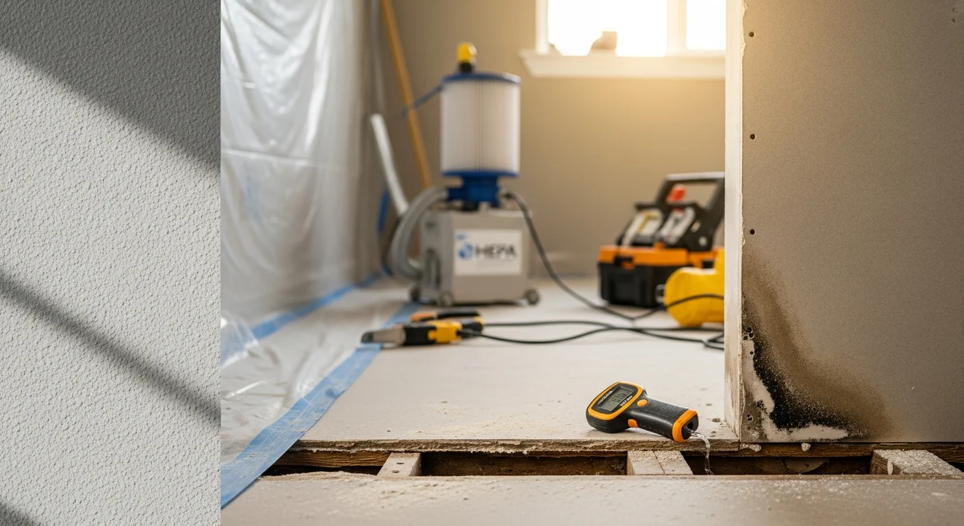 A BuildingSpecsPros LLC technician setting up containment barriers in a moisture-damaged crawl space beneath an Oceanside, CA residential property. Visible mold growth on wooden floor joists is being prepared for professional remediation.