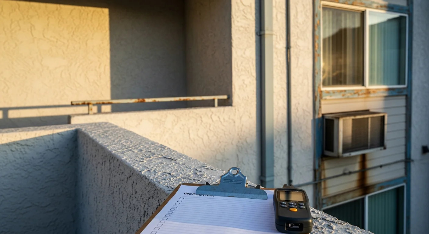A commercial building inspector reviewing the exterior stairwell and shared entryway of a multi-unit apartment building in Oceanside, CA. The inspector holds a clipboard and examines visible structural and weathering conditions on the coastal-facing facade.
