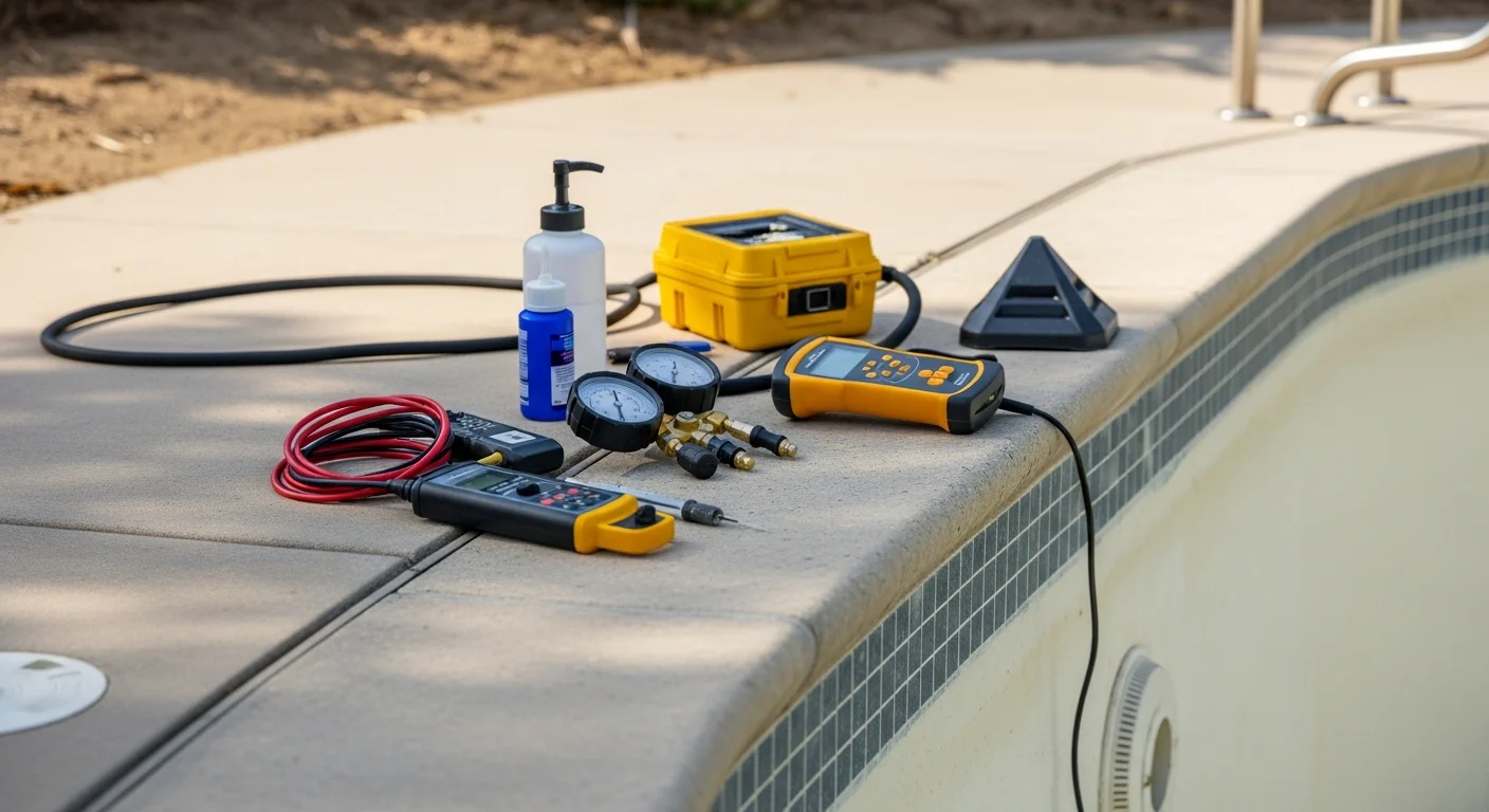 A pool technician inspecting the fittings and plumbing connections of a residential inground pool in Oceanside, CA. The pool deck shows coastal landscaping typical of North County San Diego properties near the coast.