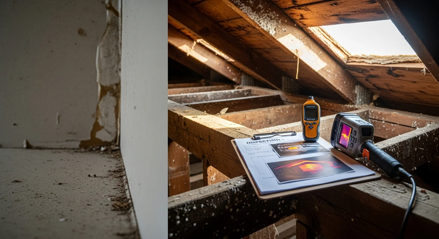 A BuildingSpecsPros LLC home inspector examining the roof and exterior of a single-family home in Oceanside, CA, with the coastal skyline visible in the background. The inspector holds a clipboard and documents findings on a sun-exposed tile roof typical of the Oceanside housing market.