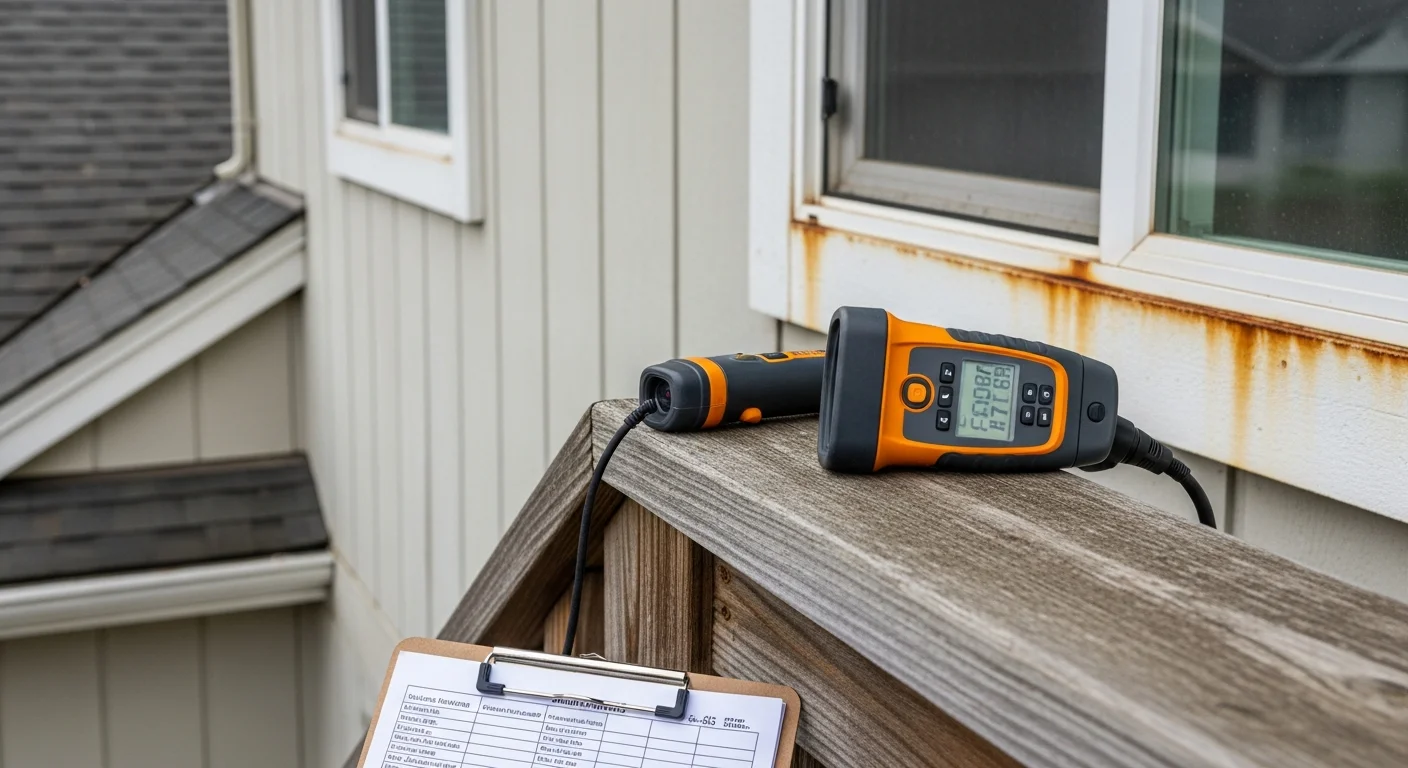 A BuildingSpecsPros LLC home inspector examining the exterior roofline and fascia of a single-family home in Oceanside, CA, with a clipboard and inspection tool in hand. The coastal residential neighborhood is visible in the background.