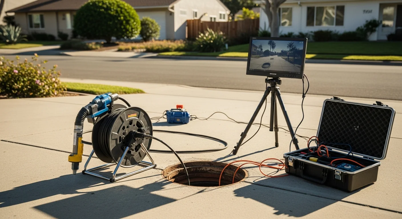 A technician from BuildingSpecsPros LLC feeds a sewer inspection camera into a cleanout access point at an Oceanside, CA residential property. The monitor beside the technician displays a real-time video feed of the interior of an aging sewer pipe showing visible root intrusion and pipe wall deterioration.