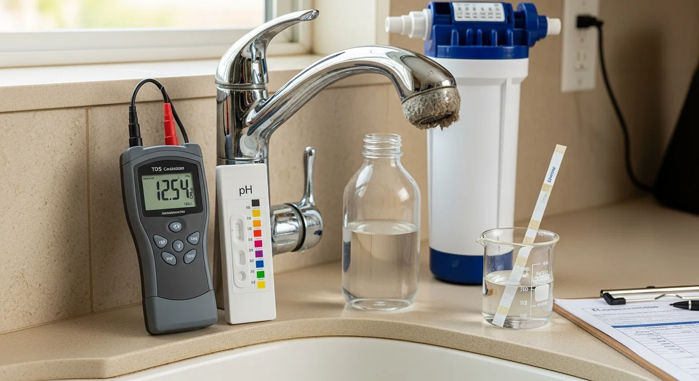 A residential kitchen sink in an Oceanside, CA home showing clear running water from a filtered tap, with no visible scale or mineral deposits on the faucet fixture. A water filtration unit is visible under the counter in the background.