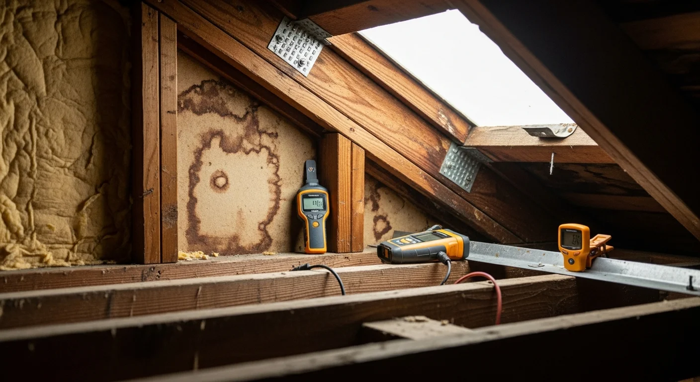 A home inspector using a moisture detection meter on an interior wall of a coastal Oceanside, CA home. The inspection targets areas near windows and the crawl space for signs of water intrusion.